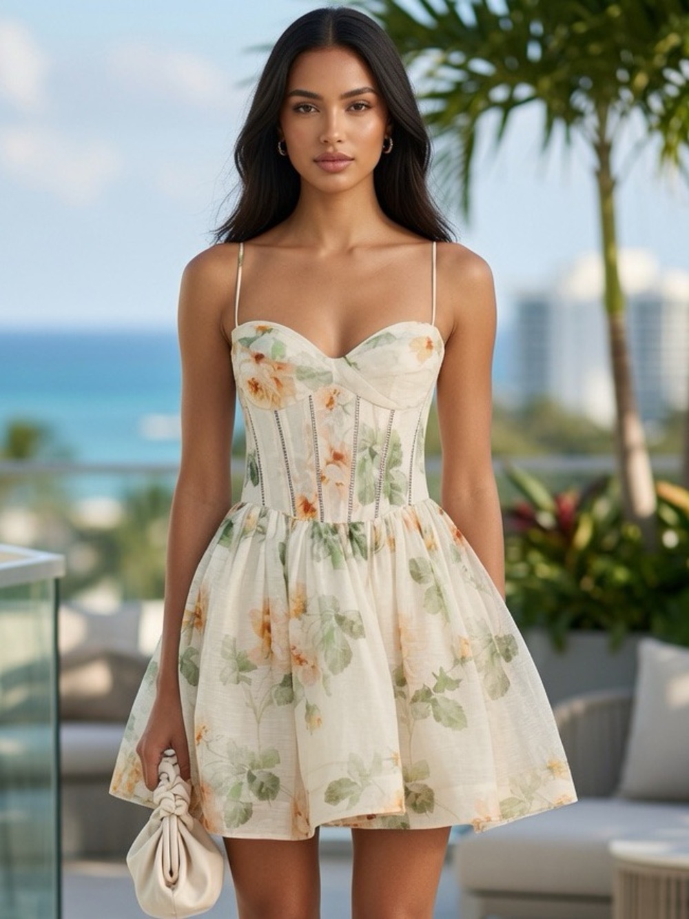 Zimmermann Floral Corset Mini Dress in Cream and Green size 1 Small